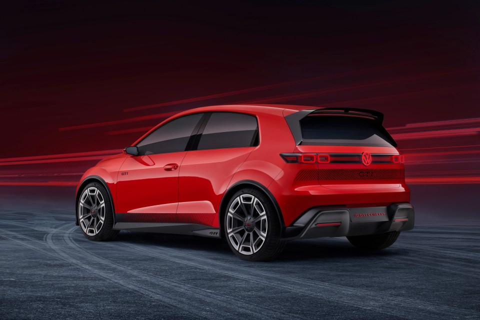 Rear view of a red Volkswagen ID. GTI concept car.