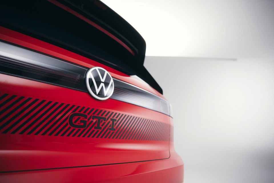 Rear view of a red Volkswagen ID. GTI concept car.
