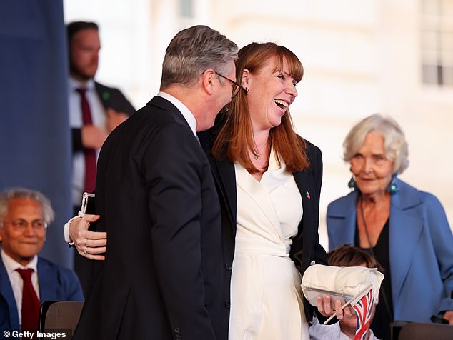 Angela held onto a Union Jack Flag as she greeted Keir, the Prime Minister, ahead of the concert