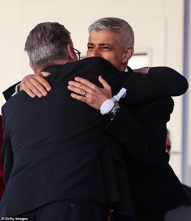 Keir Starmer and the Mayor of London, Sadiq Khan, pictured greeting one another with a hug during the concert