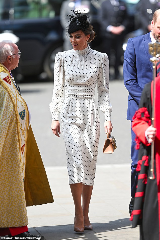 Earlier today, Kate put on an elegant display in a black and white polka dot dress from Alessandra Rich dress and a black fascinator by Juliette Botterill