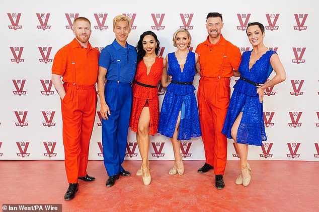 Left to right: Neil Jones, Carlos Gu, Karen Hauer, Amy Dowden, Kai Widdrington and Lauren Oakley arriving ahead of the concert