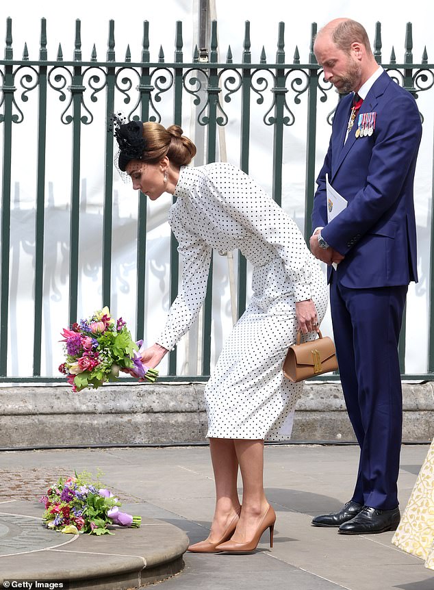 The Princess of Wales laid flowers on the Innocent Victims' Memorial after the Thanksgiving Service had concluded