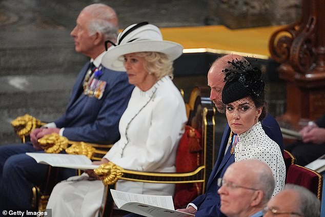 King Charles III, Queen Camilla, Prince William and Kate at Westminster Abbey this afternoon