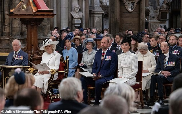 Pictured: (From L to R, front row) King Charles, Queen Camilla, the Prince and the Princess of Wales and (L to R, back row) the Duke and Duchess of Edinburgh, the Princess Royal and Vice Admiral Sir Tim Laurence, the Duke and Duchess of Gloucester and the Duke of Kent at the Service of Thanksgiving at Westminster Abbey
