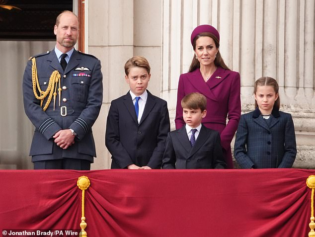 Today's event follows Monday's fly past, which the Prince and Princess of Wales watched with their children (from L to R) Prince George, Prince Louis, and Princess Charlotte