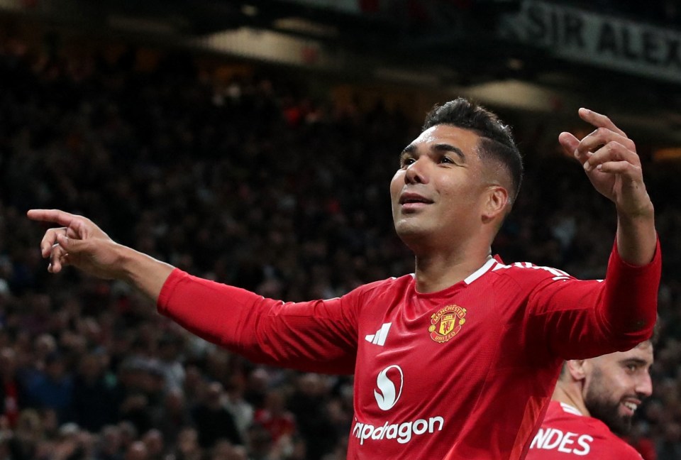 Manchester United's Casemiro celebrates scoring a goal.