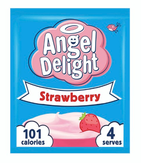 Package of Angel Delight Strawberry dessert; 101 calories, 4 serves.