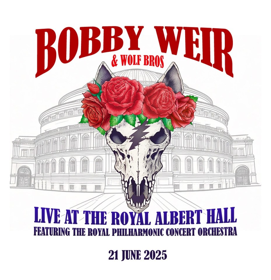 Illustration of Bobby Weir & Wolf Bros concert announcement at the Royal Albert Hall.