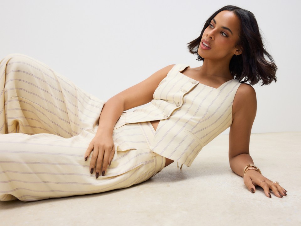 Rochelle Humes in striped pants and top.