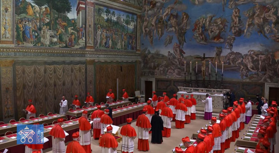 Screengrab of cardinal electors entering the Sistine Chapel.