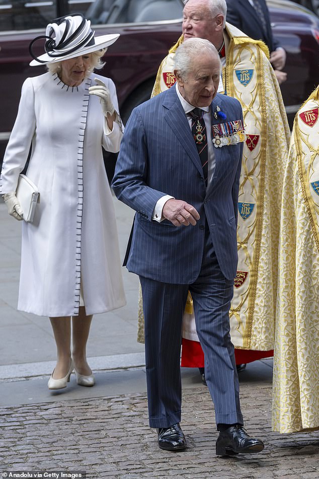 King Charles III and Queen Camilla also attended the service before the commemorative concert in the evening where he recalled his grandfather's words of 'lasting peace'