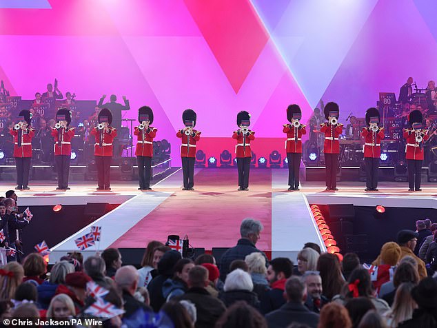 Performers dressed as Kings Guard performed during the concert celebrating the 80th Anniversary of VE Day