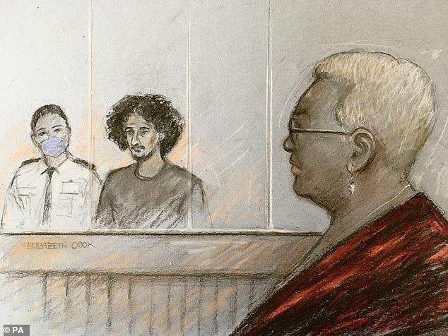 A court artist's sketch of Mina Smallman looking on as Danyal Hussein appears in the dock at the Old Bailey on June 9, 2021