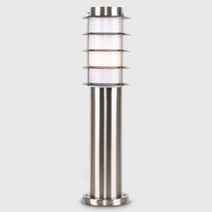 Brushed chrome bollard light.