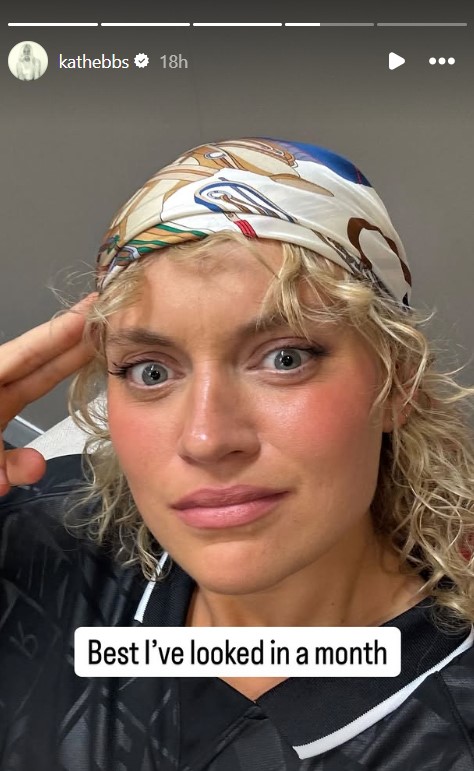 Woman wearing a headscarf and jersey, caption reads "Best I've looked in a month".