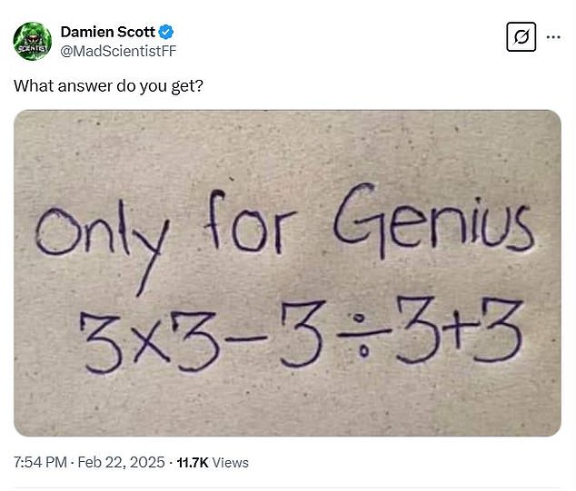 Damien Scott shared the math problem on X, sparking furious debate among commenters