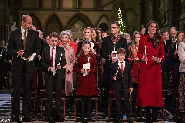 Prince William, Prince George, Princess Charlotte, Prince Louis and Kate during the Together At Christmas carol service at Westminster Abbey on December 6, 2024