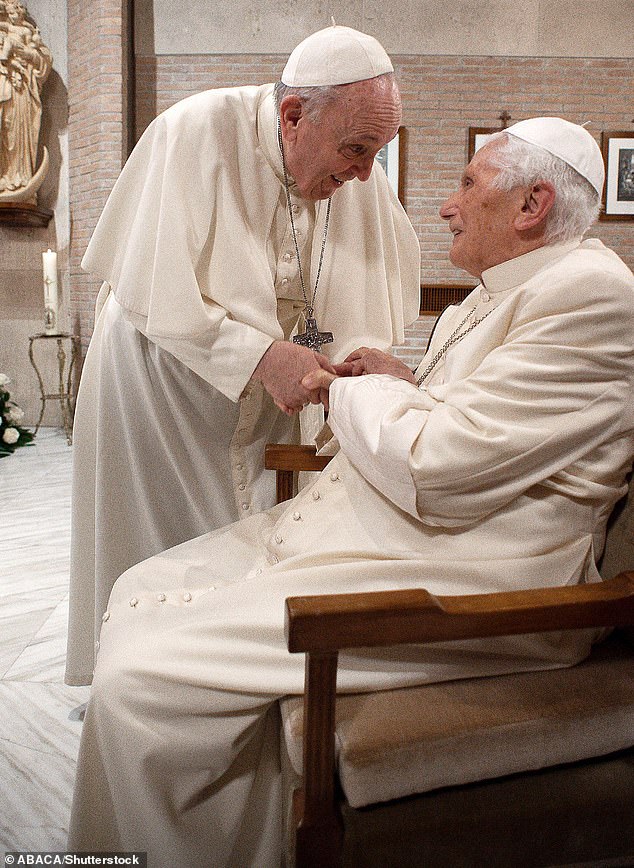 Pope Francis meets with his predecessor, the former Pope Benedict XVI at the Vatican, November 2020. The pair's relationship was depicted in 2019 film Two Popes