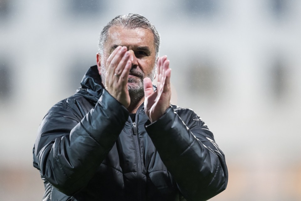 Ange Postecoglou, head coach of Tottenham Hotspur, applauding.