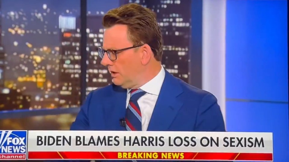 Fox News broadcast reporting Biden blaming Harris' loss on sexism.