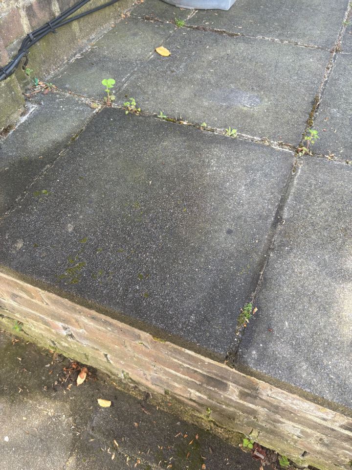 Dirty paving stones with weeds growing in the cracks.