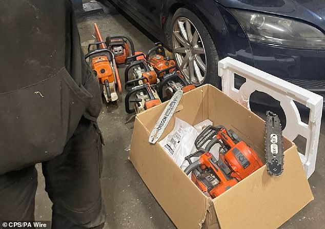 A photograph that was shown to the jury during the trial, showing a collection of chainsaws