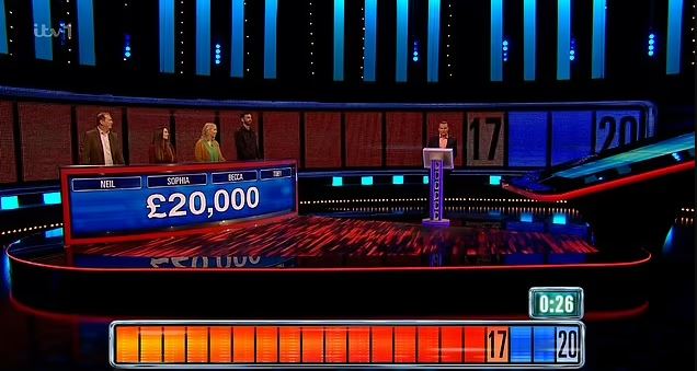 The Chase game show set with contestants and a £20,000 prize shown.