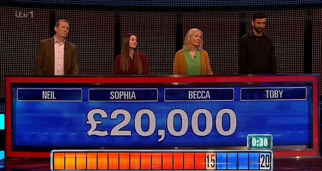 Screenshot of The Chase game show, showing four contestants and a £20,000 prize.