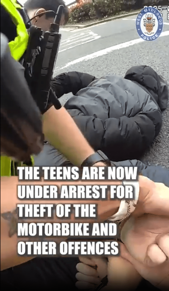 Police officers arresting teens for motorbike theft and other offenses.