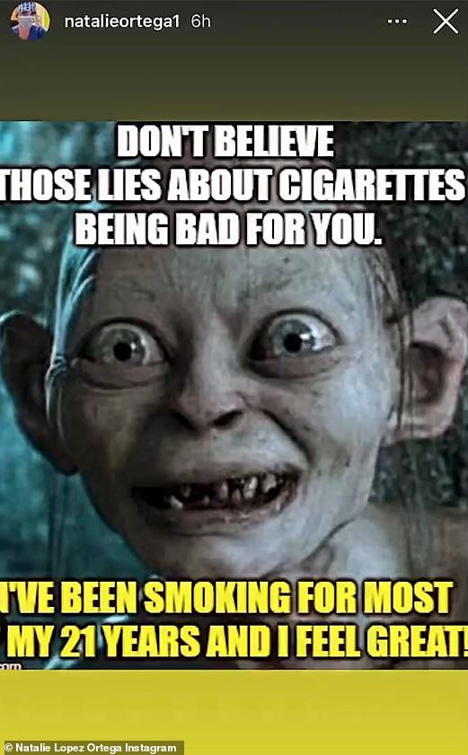 Among them was a meme of Lord Of The Rings character Gollum with text which quipped: 'Don¿t believe those lies about cigarettes being bad for you. I¿ve been smoking for most my 21 years and I feel great!'