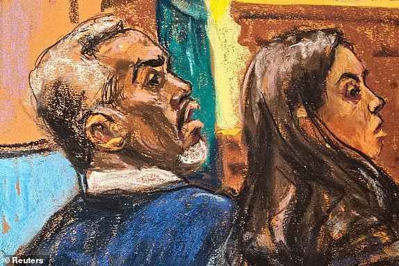 Sean "Diddy" Combs sits with defense lawyer Teny Geragos at Combs' sex trafficking trial as jury selection continues in New York City, New York, U.S., May 7, 2025 in this courtroom sketch. REUTERS/Jane Rosenberg