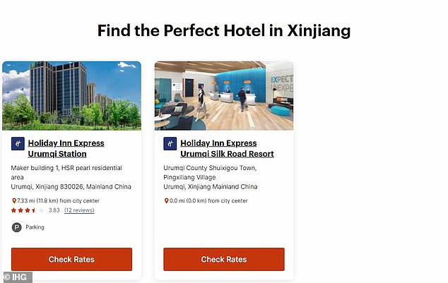 In a page now deleted on their website, IHG advertise two Holiday Inn Express hotels with the tagline: 'Searching for a hotel in Xinjiang? IHG Hotels & Resorts has the perfect hotel for your upcoming trip to Xinjiang'
