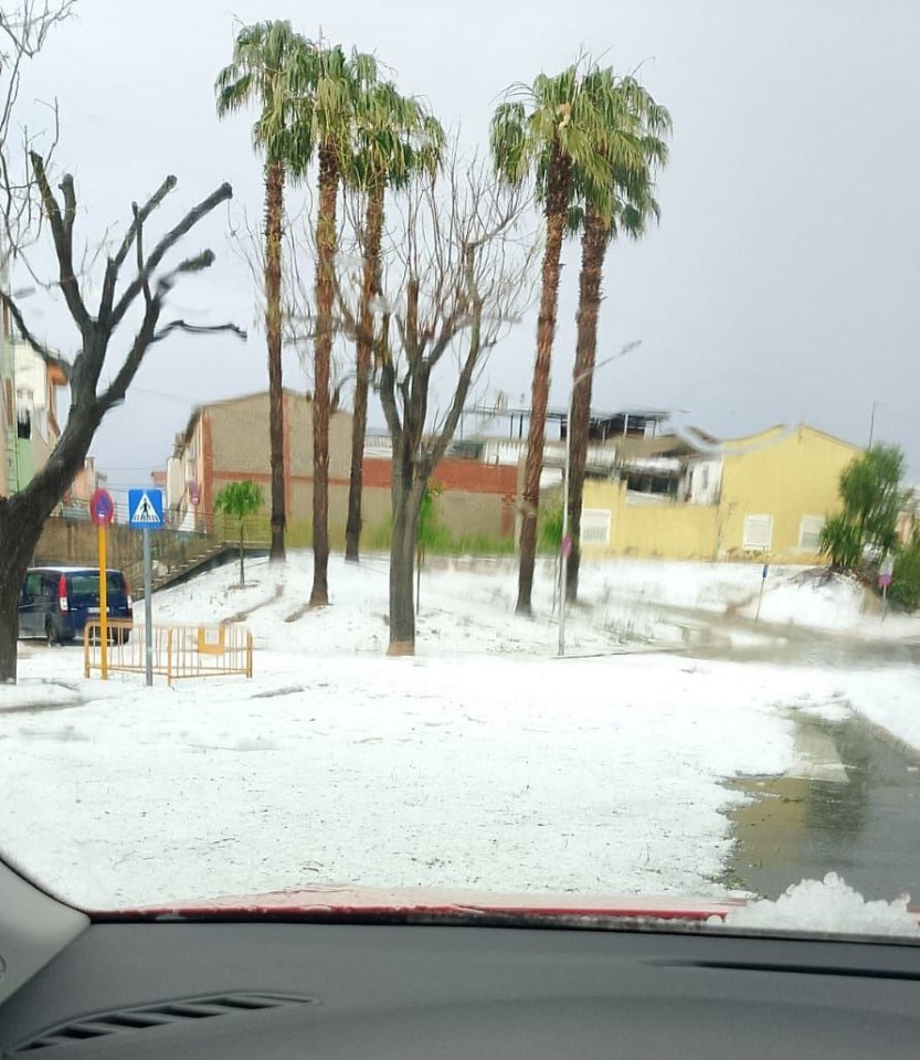 Hail covering the ground in Valencia, Spain.