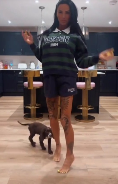 Woman in a striped sweatshirt and shorts kicks a small dog out of the way.