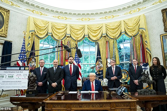 Mr Trump and his team lined up in the Oval Office with UK ambassador Lord Mandelson