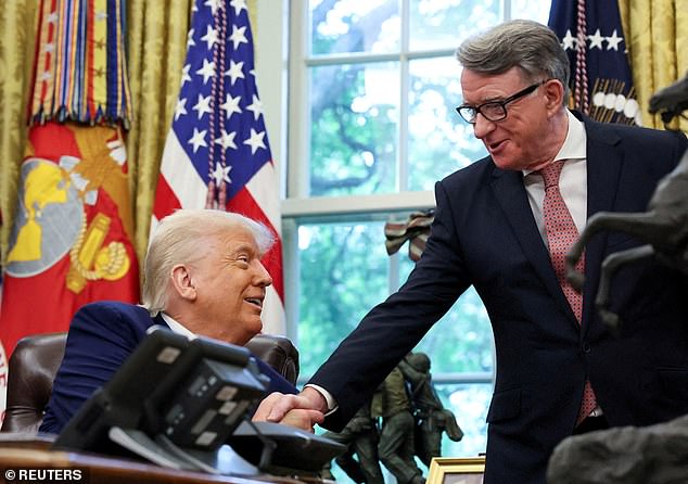 Mr Trump and Lord Mandelson shake hands in the White House last night