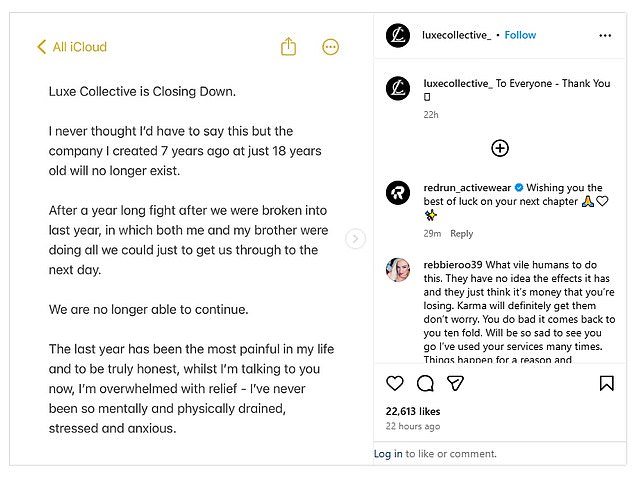 Ben Gallagher revealed on Instagram that Luxe Collective is now 'no longer able to continue'