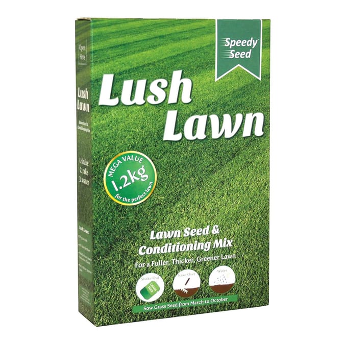 1.2kg bag of Speedy Seed Lush Lawn Seed & Conditioning Mix for a fuller, thicker, greener lawn.