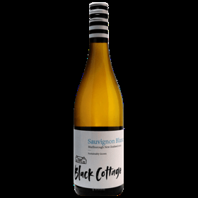 Bottle of Black Cottage Marlborough Sauvignon Blanc wine.