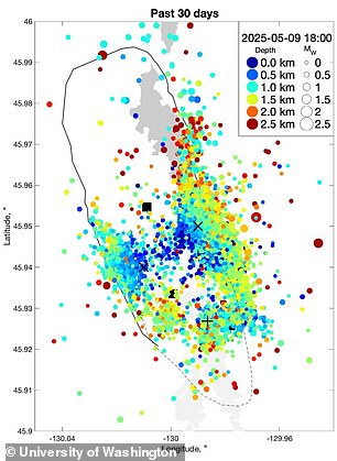 A map of recent activity at the Axial Seamount revealed hundreds of earthquakes over the last month