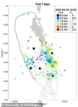 A map of recent activity at the Axial Seamount revealed increased daily earthquakes over the last 7 days