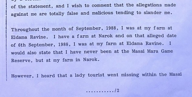 Jonathan Moi's police statement in 1997 denying ever being in the Masai Mara