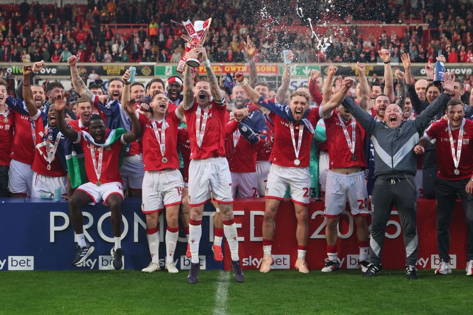 Wrexham AFC players celebrating a victory and lifting a trophy.