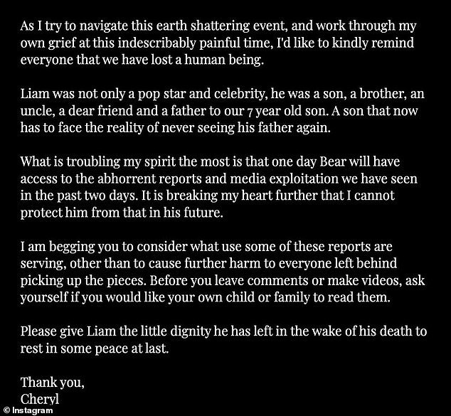 The grieving mother previously took to Instagram to told of her anguish as she tries 'navigate this earth shattering event'