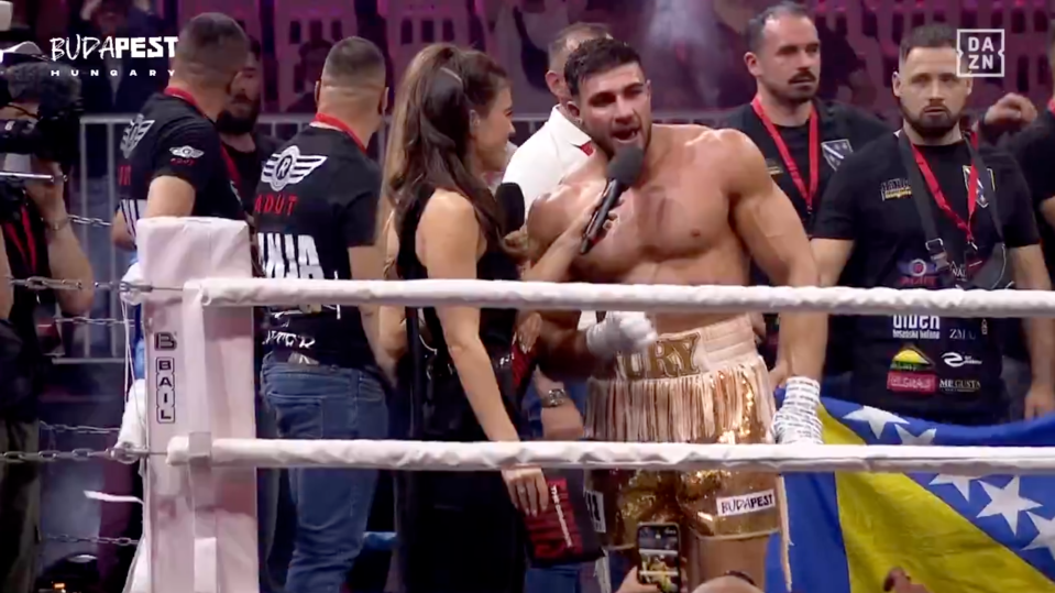 Post-fight interview with a boxer in Budapest.