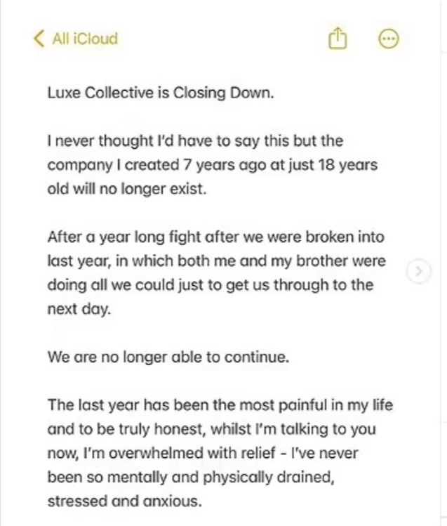 Screenshot of Instagram post announcing a business closure due to a break-in and its impact.
