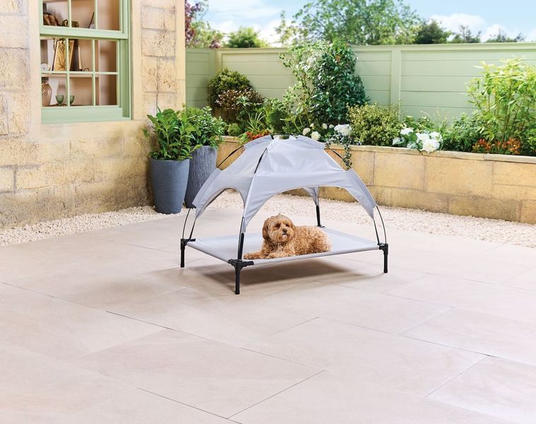 Dog resting on elevated outdoor pet bed with shade canopy.