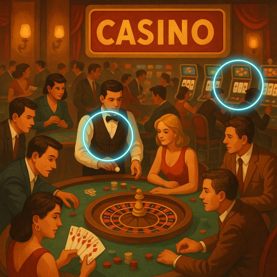 Illustration of people playing roulette in a casino.