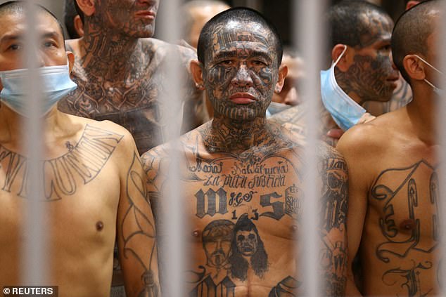 Inmates look on inside a jail during a media tour at the Terrorism Confinement Center (CECOT) prison, in Tecoluca, El Salvador last month
